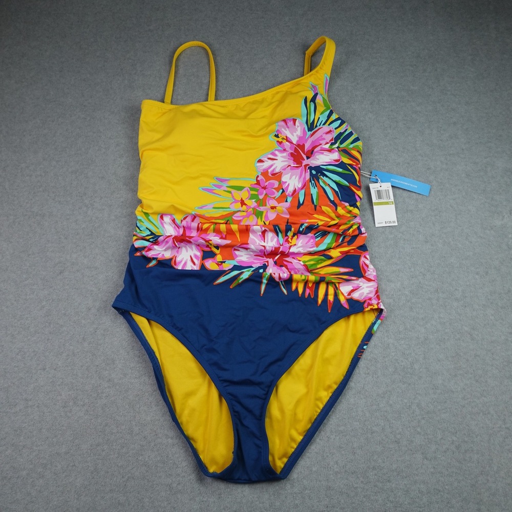 Bleu Rod Beattie Swimsuit Womens 14 Yellow Floral Ruched One Piece New